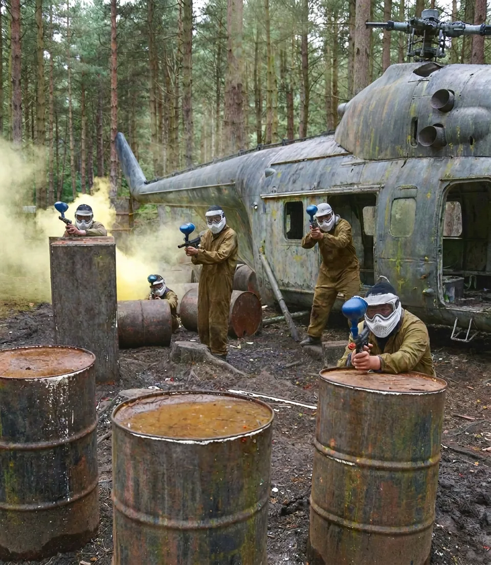View through a shot-out hole: players in full kit advancing on a downed helicopter in Bawtry Forest
