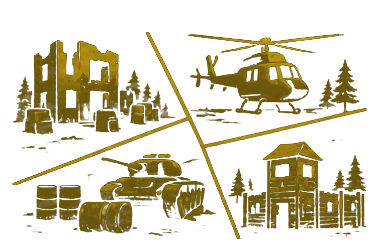 Four battlefield sets: ruins, helicopter, tank and timber fort